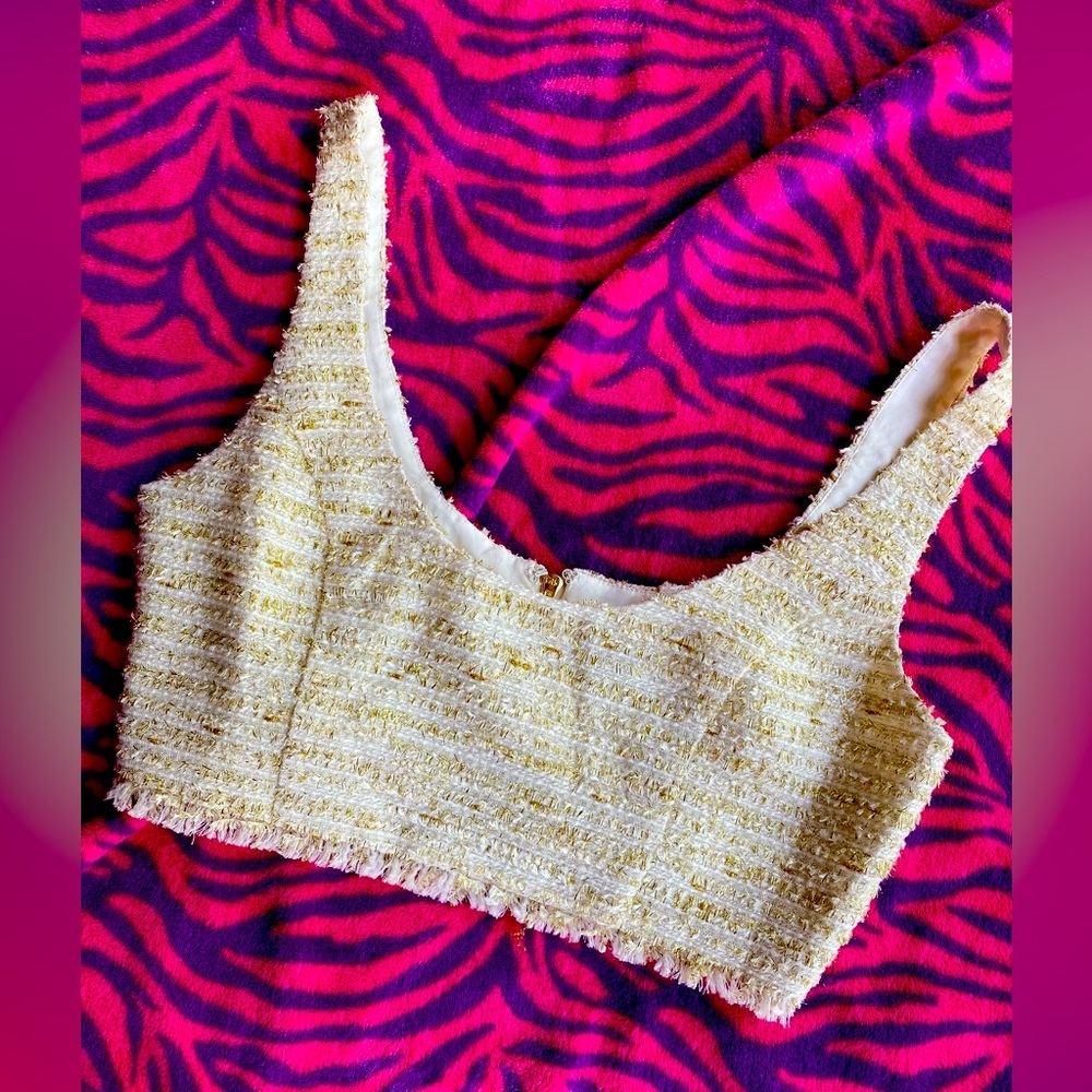 NBD tweed cream and gold crop top